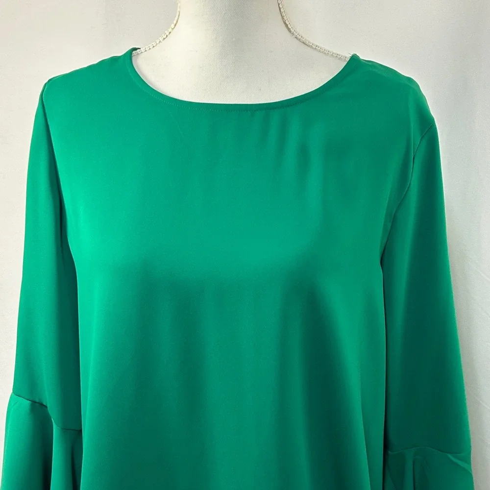 Alfani Womens Green Ruffle Trim Bell Sleeve‎ Asymmetrical Blouse Top Size L - Picture 2 of 8